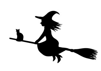 魔女　シルエット　ハロウィン素材　魔女のイラスト　黒猫　ほうきに乗る魔女