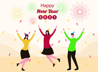 Happy New Year vector concept: Group of young people celebrating new year of 2021 with fireworks background