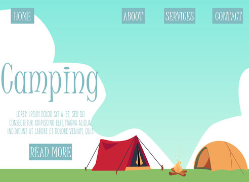 Family camping landing page for website, flat cartoon vector illustration