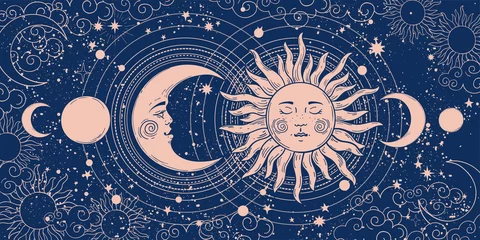 Photo sur Plexiglas Pour elle Bannière magique pour l& 39 astrologie, le tarot, le design bohème. Art de l& 39 univers, croissant de lune et soleil sur fond bleu. Illustration vectorielle ésotérique, modèle