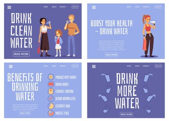 Drink more water, hydration benefit banner set with cartoon people