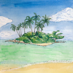 Tropical island with palm trees on a background of turquoise sea and blue sky. Watercolor drawing