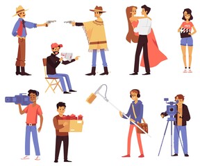 Set of cartoon characters shooting a film a vector isolated illustration