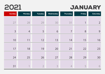 January 2021. Calendar planner design template. Week starts on Sunday.