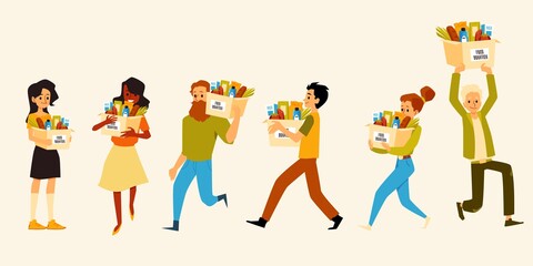 Fototapeta premium Volunteers are carry cardboard boxes for donation full food a vector illustration