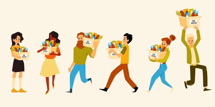 Volunteers are carry cardboard boxes for donation full food a vector illustration