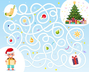 Help the boy find his way to the Christmas gifts. Labyrinth for children. An educational game for a kindergarten. Labyrinth in flat cartoon design, vector