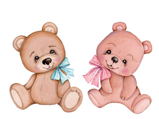 Two brown teddy bears sitting. Watercolor hand drawn sketch.