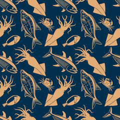 Seamless pattern with bream fish, salmon fish, squid and king crab 