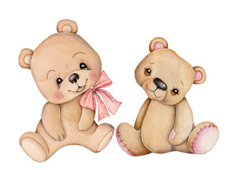Two cute cartoon teddy bears, beige, 