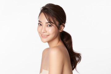 Obraz premium Beautiful young asian woman with clean fresh skin on white background, Face care, Facial treatment, Cosmetology, beauty and spa, Asian women portrait