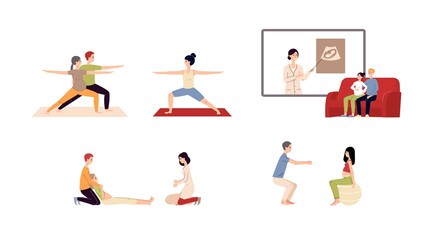 Set of future parents on pregnancy courses flat vector illustration isolated.