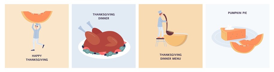 Thanksgiving menu cards set with festive dishes, flat vector illustration.