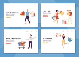 Shoppers with lots of bags and purchases a set of vector landing pages templates