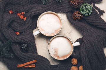 Christmas composition with tasty cocoa drink on table