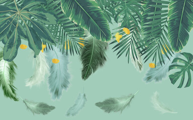 Naklejki  Ilustracja 3d, duże zielone tropikalne liście i pióra na jasnozielonym tle z żółtymi plamami