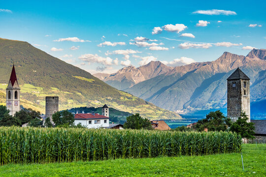 Val Venosta, Vinschgau, Alto Adige, Italy. View over Mals in South Tyrol