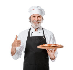 Mature male chef with tasty pizza on white background