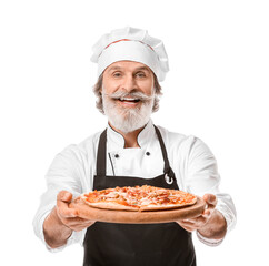Mature male chef with tasty pizza on white background