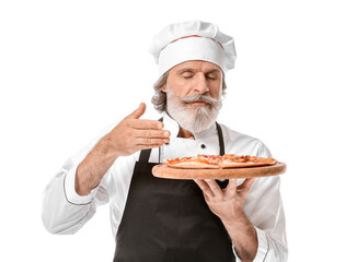 Mature male chef with tasty pizza on white background