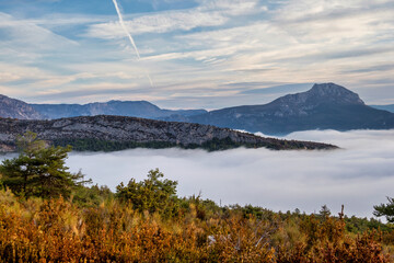 Mist hanging over Verdon Gorge, Gorges du Verdon in French Alps, Provence,France