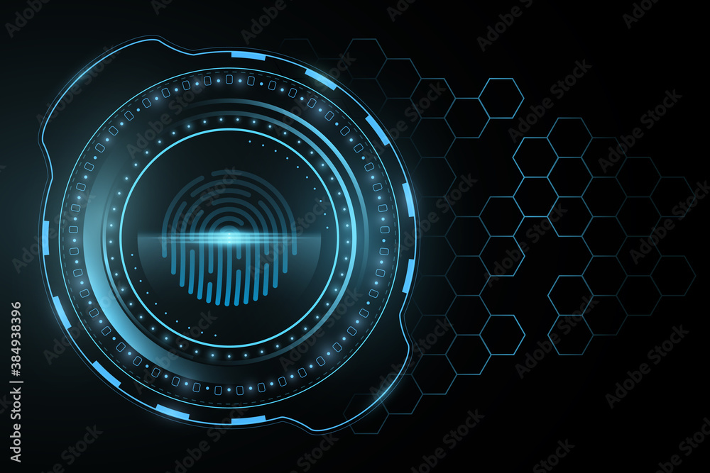 Poster futuristic fingerprint ui design. scanning user data. glowing blue hud display. touch screen design.