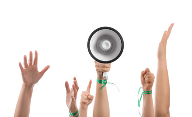 Hands of protesting people with megaphone on white background