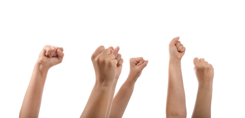 Hands of protesting people on white background