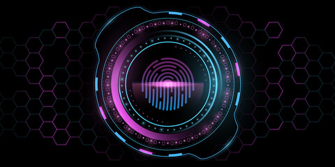 Futuristic fingerprint UI design. Scanning user data. Glowing purple and blue HUD display. Digital concept. High tech panel with hexagon cyber pattern for your design. Vector illustration