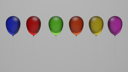 3d rendering of isolated balloons of red, green, yellow, orange, blue, pink colors against a white background