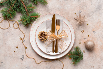 Christmas table setting on light background