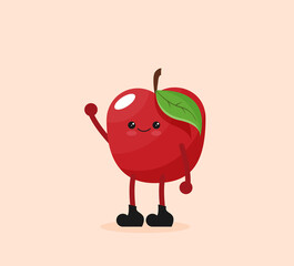 Vector illustration of red apple cartoon character. Fruit flat icon