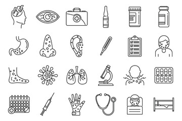 Human measles icons set. Outline set of human measles vector icons for web design isolated on white background - obrazy, fototapety, plakaty