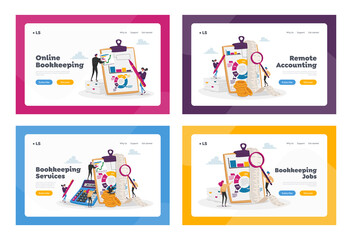 Organizing Accounting, Financial, Banking Data Landing Page Template Set. Tiny Accountant Characters Bookkeeping Service