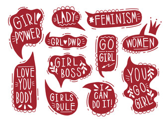 Collection hand drawn communicate feminism speech. Design element slogan doodle business message.