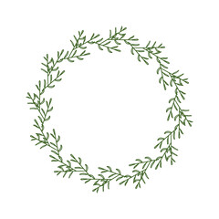 A wreath of green branches. Round floral frame made from hand drawn leaves. Floral border in linear style. Decorative design element. Doodle frame for logo, invitation, farm house. Vector illustration