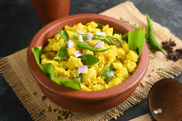 Cooked tapioca or Cassava root , Mandioca or Aipim with spicy fish meat beef pork curry, Kerala, India. Prepared  South Indian food, Kappa Puzhukku  served with chutney. root vegetable Brazil.