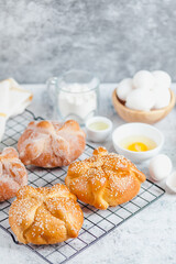 Pan de Muerto, ingredients for Mexican bread recipe traditional for day of the Dead in Mexico