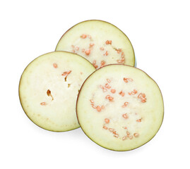 Slices of ripe eggplant isolated on white, top view