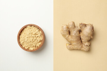 Ginger and ginger powder on two tone background