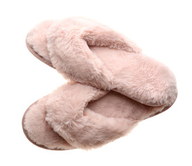 Fototapeta na wymiar Stylish soft slippers on white background, top view