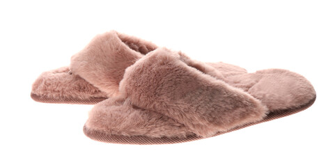 Fototapeta na wymiar Pair of stylish soft slippers on white background