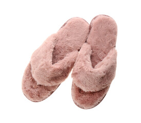 Stylish soft slippers on white background, top view