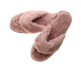 Stylish soft slippers on white background, top view