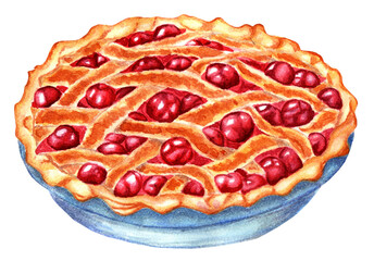 Wicker cherry pie, golden with a crispy crust, lots of juicy cherries. Watercolor illustration. Isolated on white background. Drawn by hand.