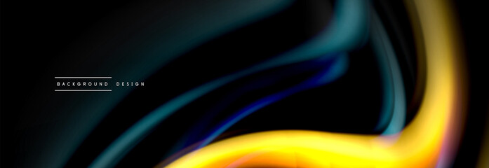 Dynamic motion abstract background. Color blurred stripes on black. Wave liquid lines poster. Vector illustration