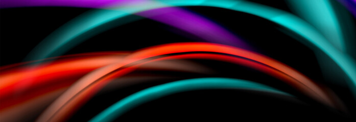 Dynamic motion abstract background. Color blurred stripes on black. Wave liquid lines poster. Vector illustration