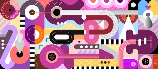 Gordijnen Gekleurd geometrisch stijlontwerp van verschillende muziekinstrumenten. Abstracte kunstsamenstelling van gitaren, trompet, saxofoon en geometrische vormen, vectorillustratie. ©  danjazzia