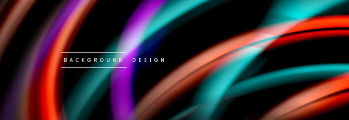 Dynamic motion abstract background. Color blurred stripes on black. Wave liquid lines poster. Vector illustration