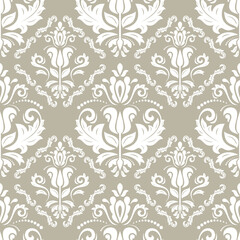 Fototapeta na wymiar Classic seamless vector pattern. Damask orient ornament. Classic vintage beige and white background. Orient ornament for fabric, wallpaper and packaging